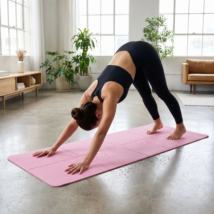 femme fait du yoga sur un tapis de yoga rose