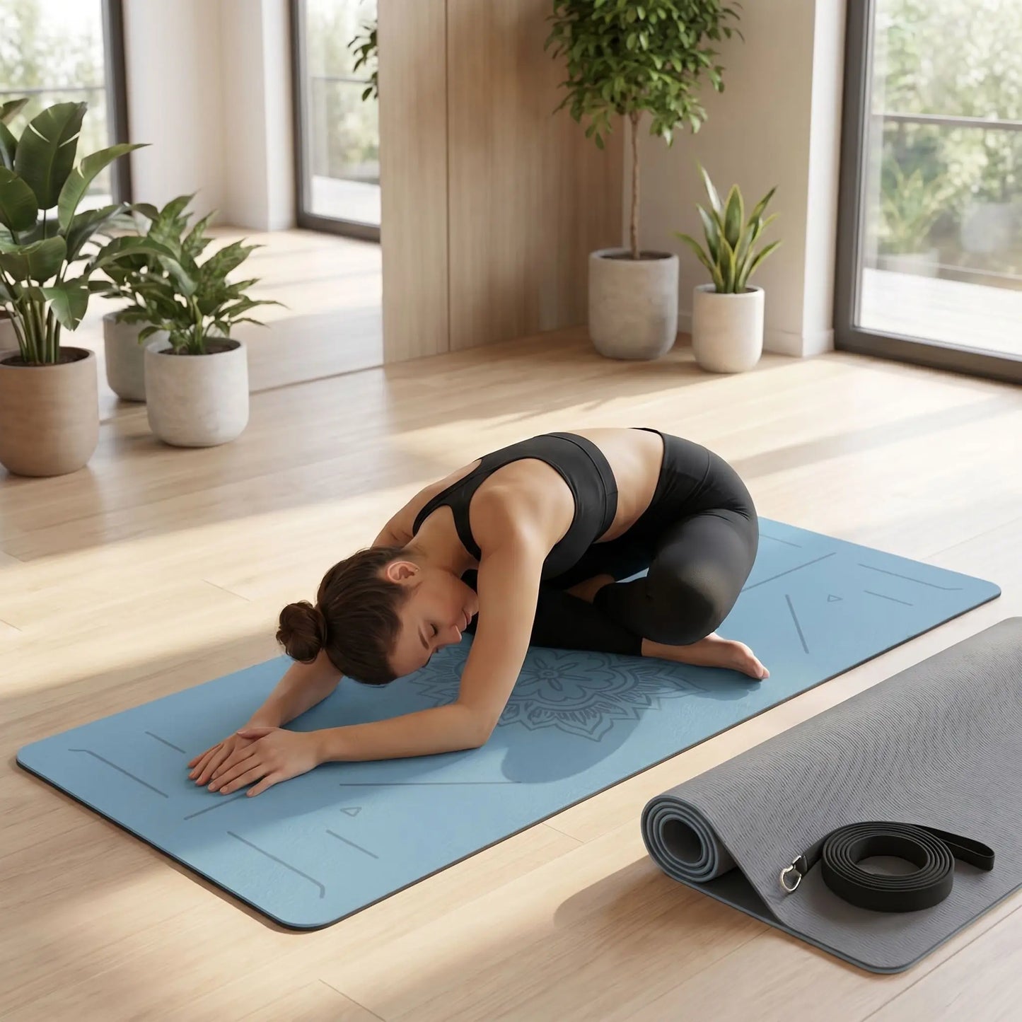 technique de yoga sur un tapis yoga bleu