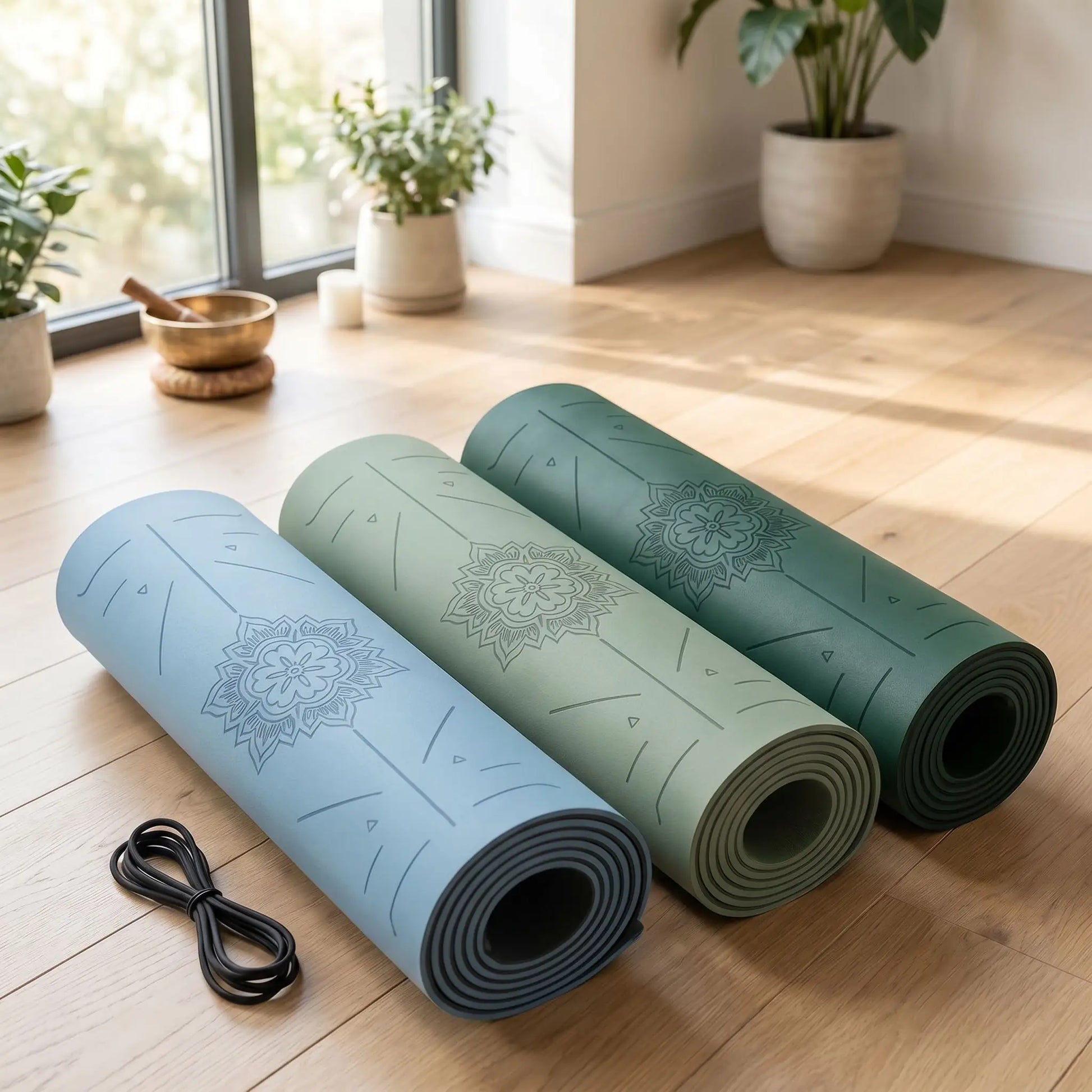 trois differente couleur de tapis yoga