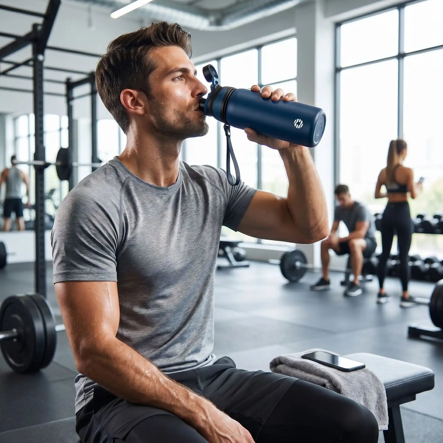 un homme en salle bois avec la gourde isotherme