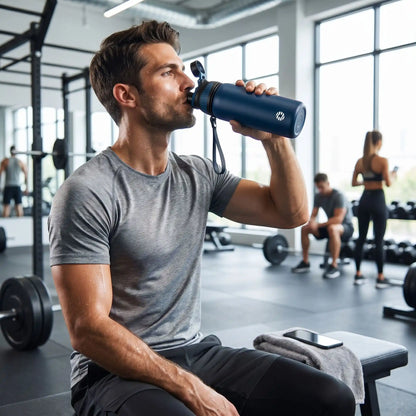 un homme en salle bois avec la gourde isotherme
