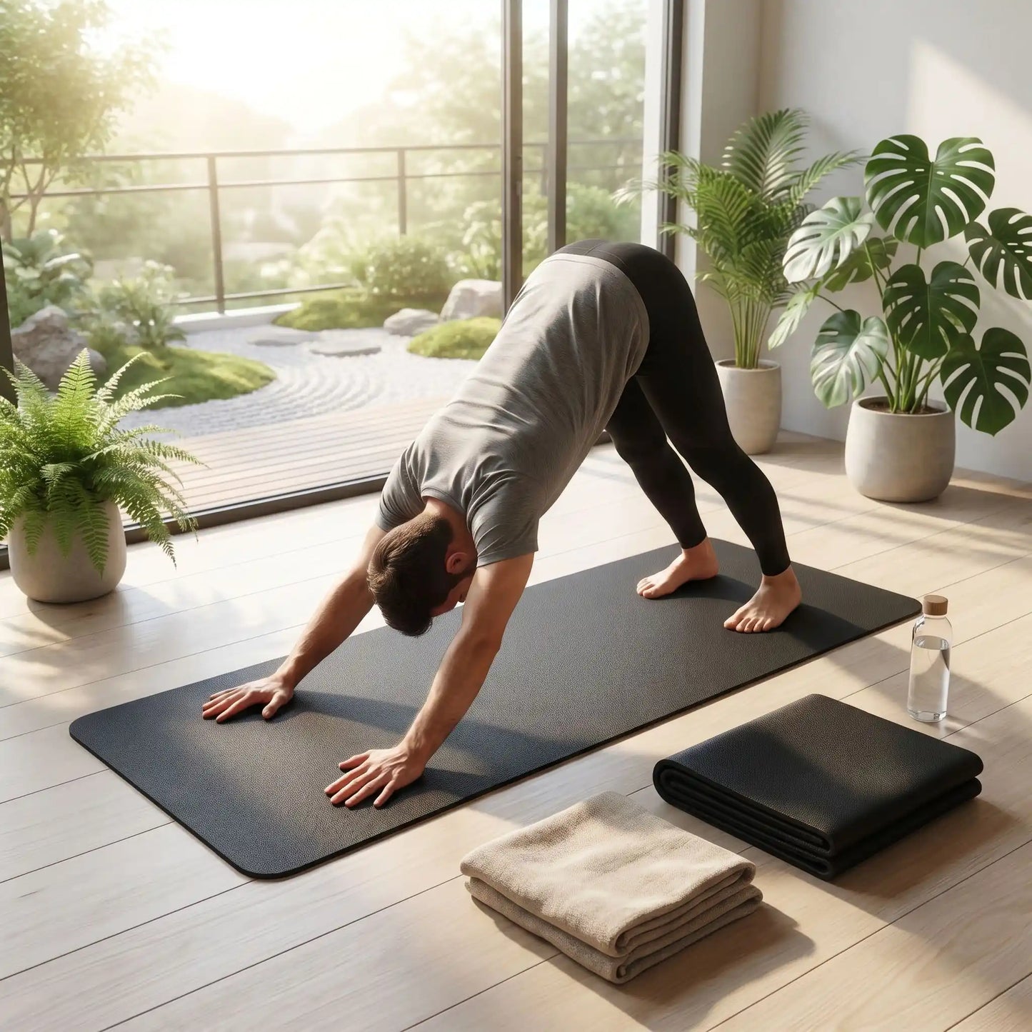 un homme fais du sport sur un tapis de yoga