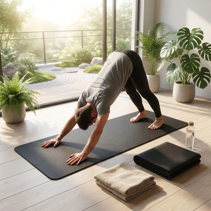 un homme fais du sport sur un tapis de yoga