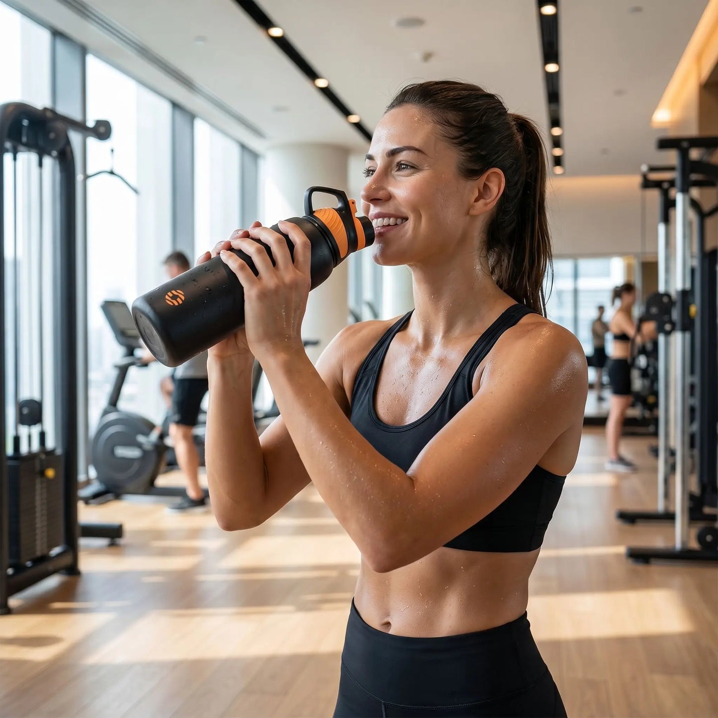 une femme dans une salle de sport bois avec une gourde isotherme