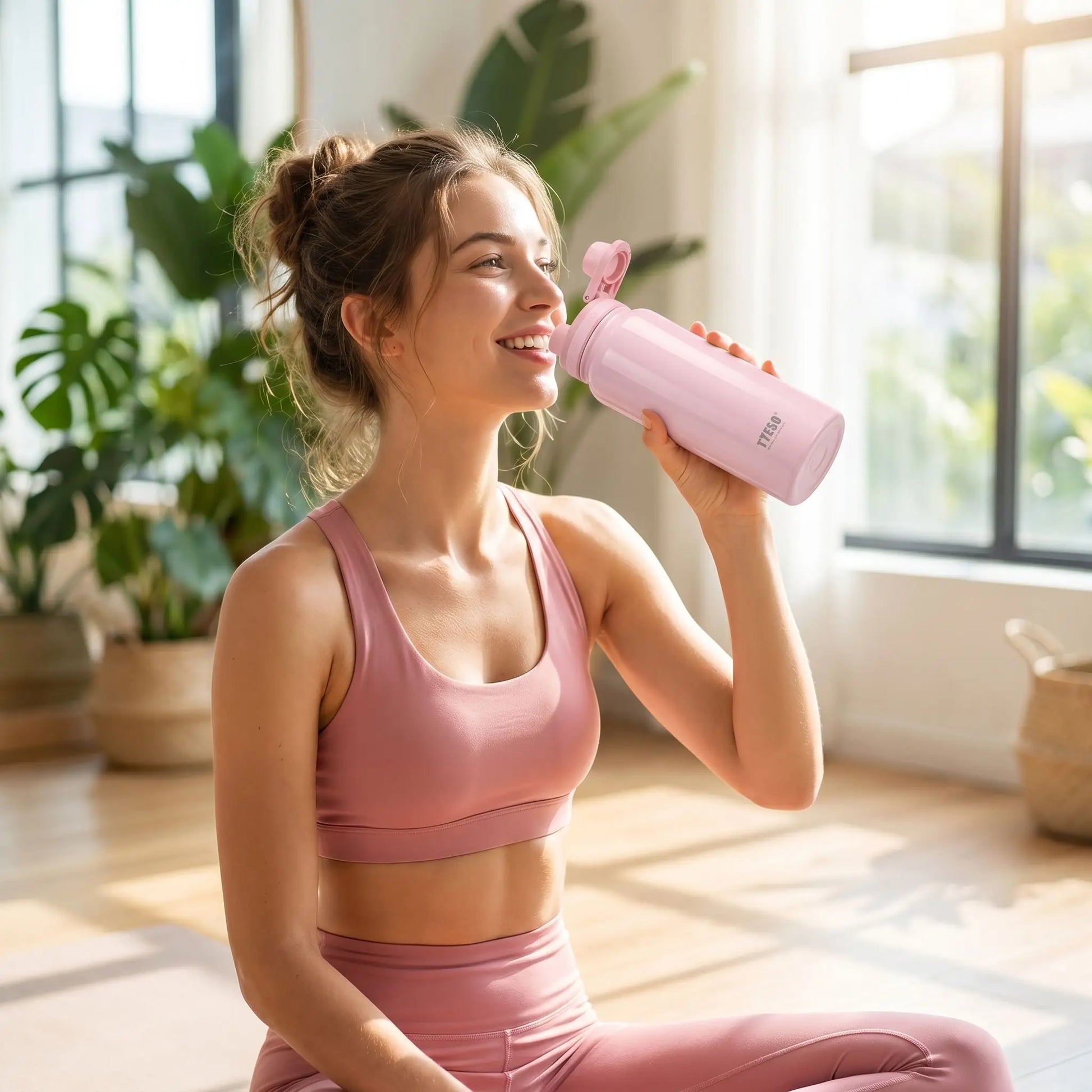 une femme fait du yoga bois avec une gourde isotherme