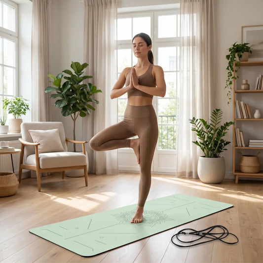 une femme fait du yoga sur un tapis yoga vert