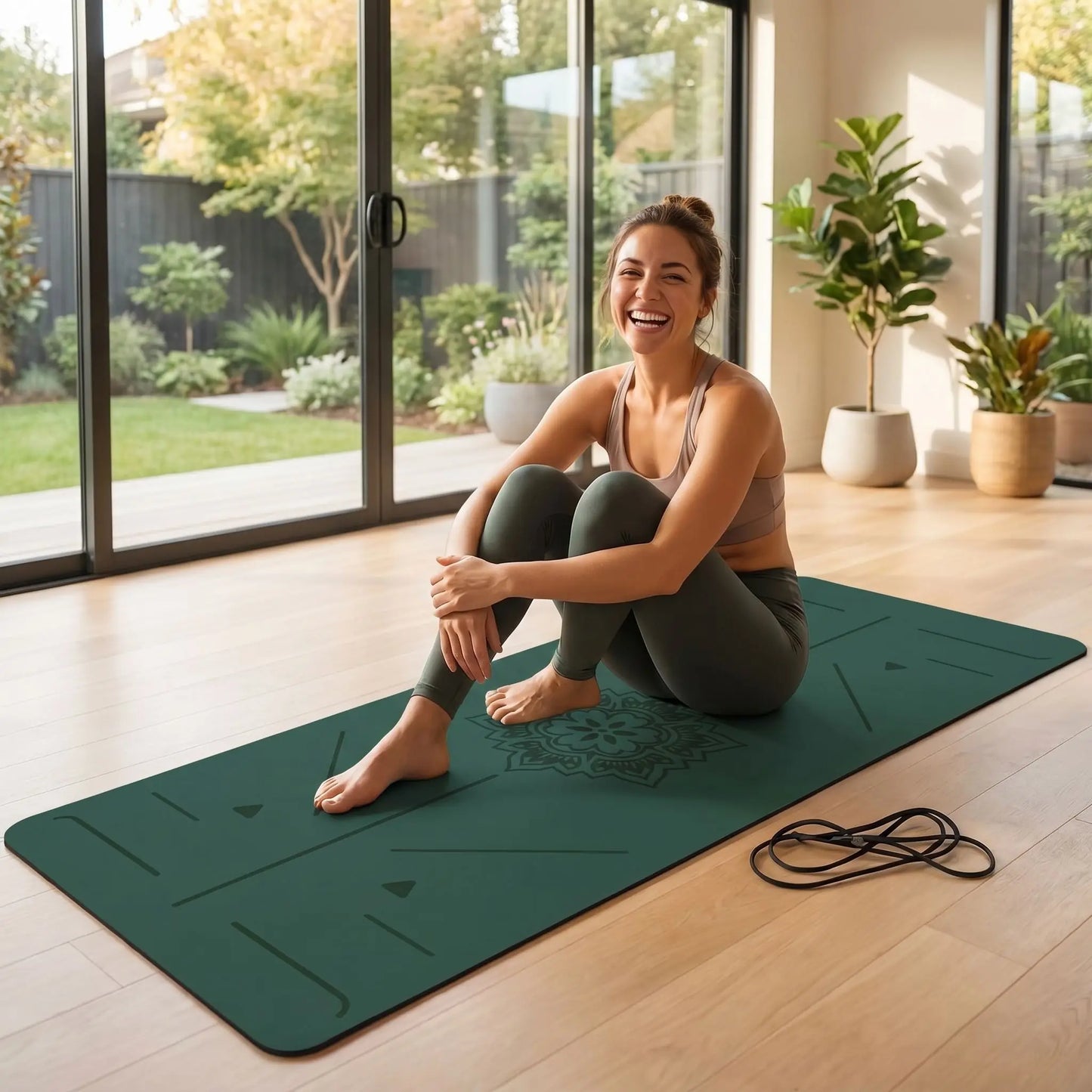 une femme sur un tapis yoga vert foncer